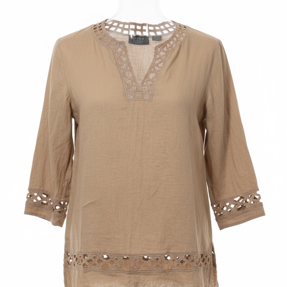 Dana Buchman Beige Crochet-Trim Cotton Tunic Blouse